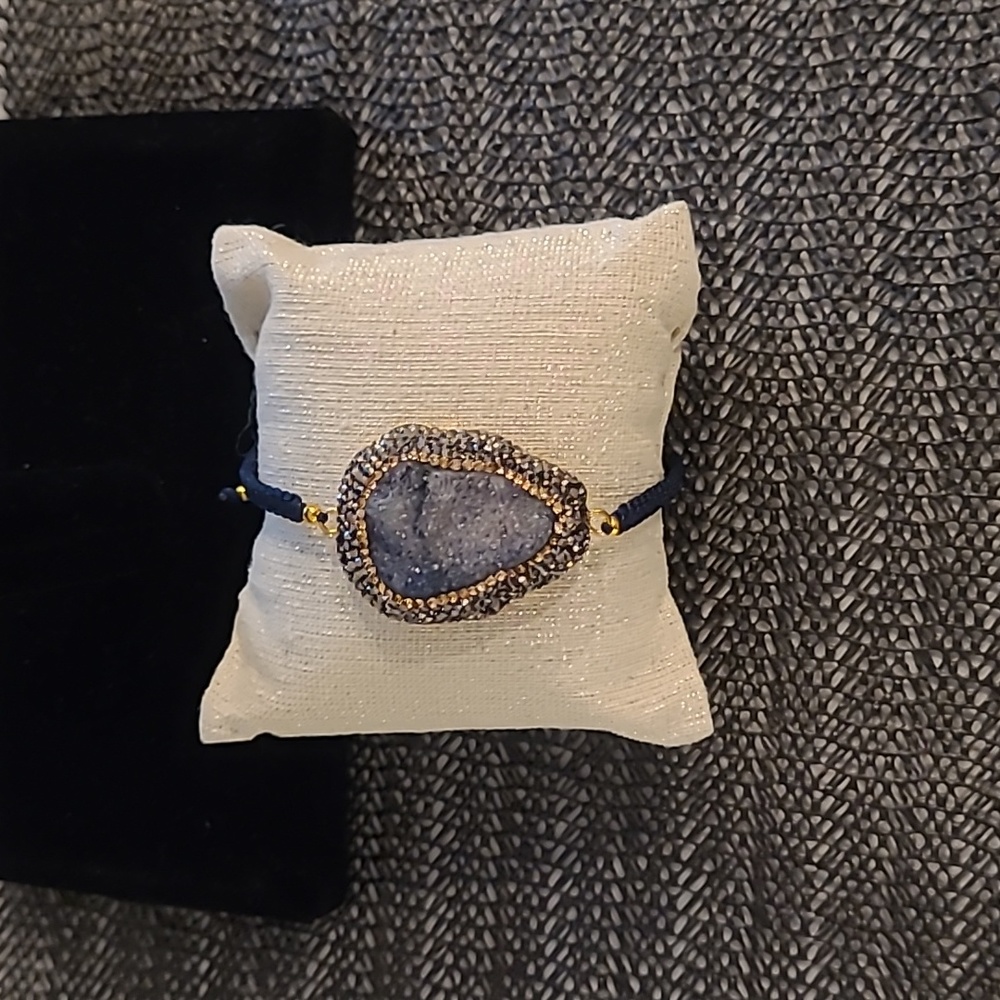 Blue Druzy quartz Swarovski crystals 925 gold overlay braided string bracelet ✨